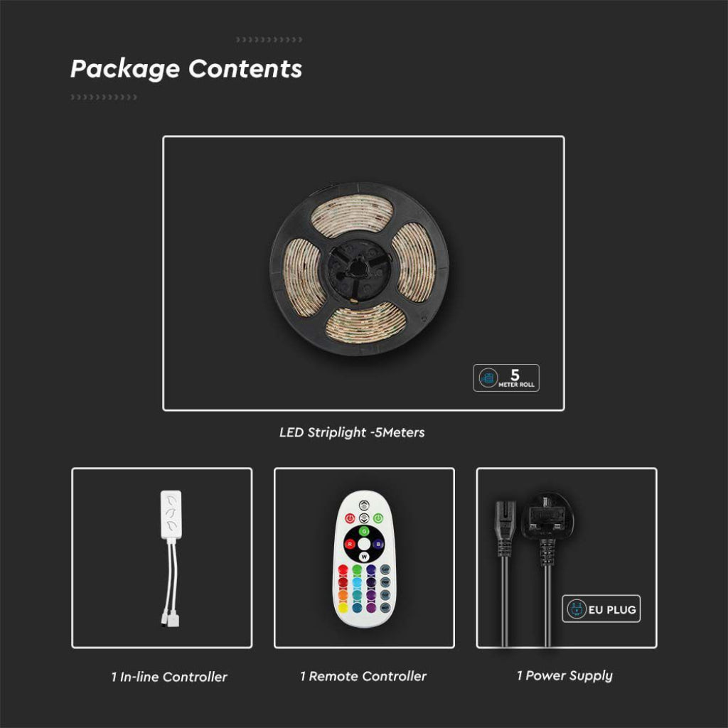 Zestaw V-TAC do taśm LED SMD5050 15W/m 90 LED/m RGB+3IN1 5m Kompatybilny z Alexa i Google Home z pilotem i zasilaczem IP65